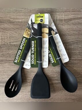 Set 3 Green Pan Cooking Utensils NEW spatula slotted solid spoons black silicone